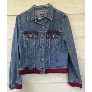 Vintage Denim Old School Blue Jean Trucker Jacket Red Velvet Soutache Trim Sz 10